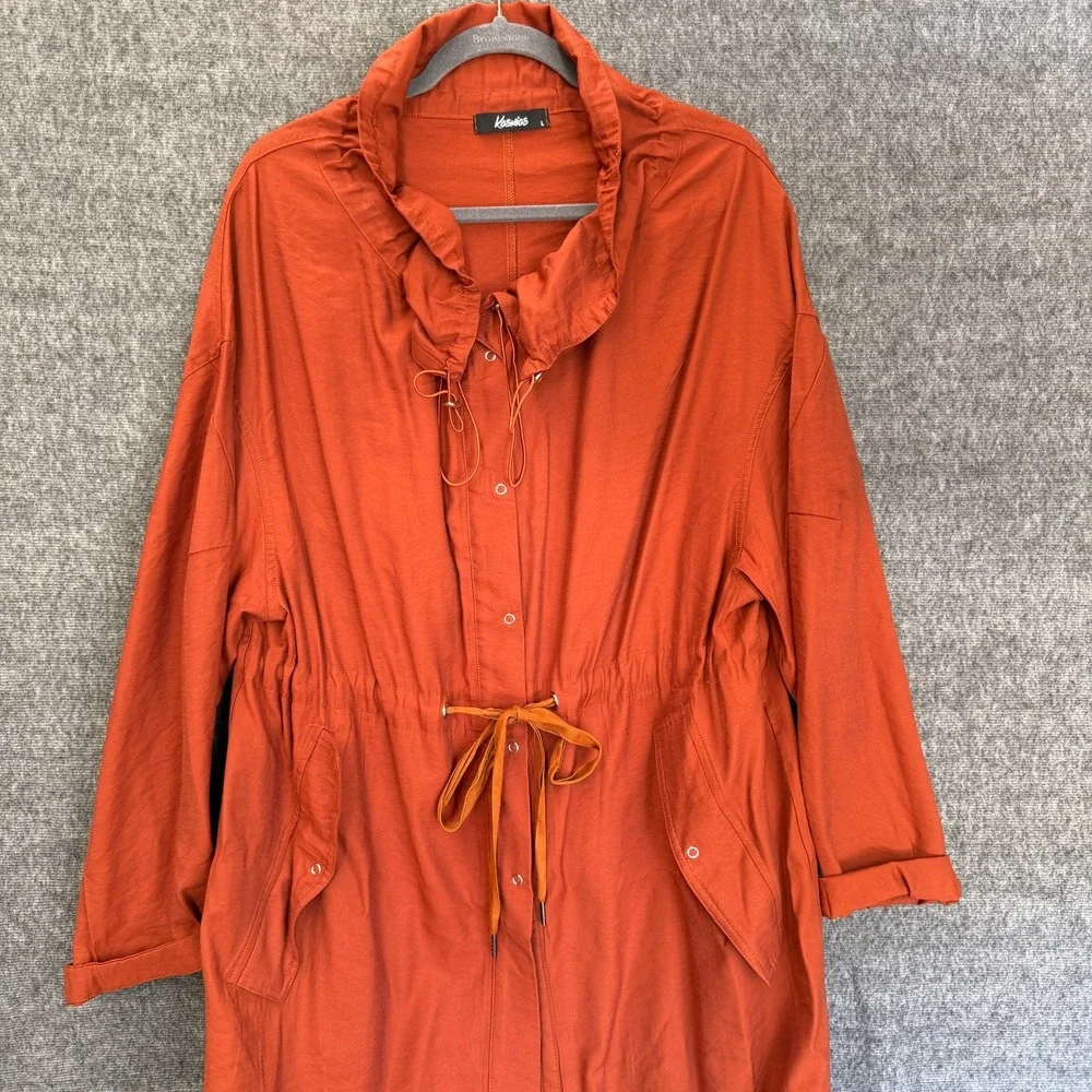 Womens Large Rust Orange Utility Coat Trench LONG Drawstring Long Rayon BBY1002 - Picture 5 of 16